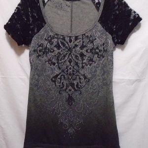 MAURICES T-SHIRT BLACK GRAY RHINESTONE LACE SZ:SM